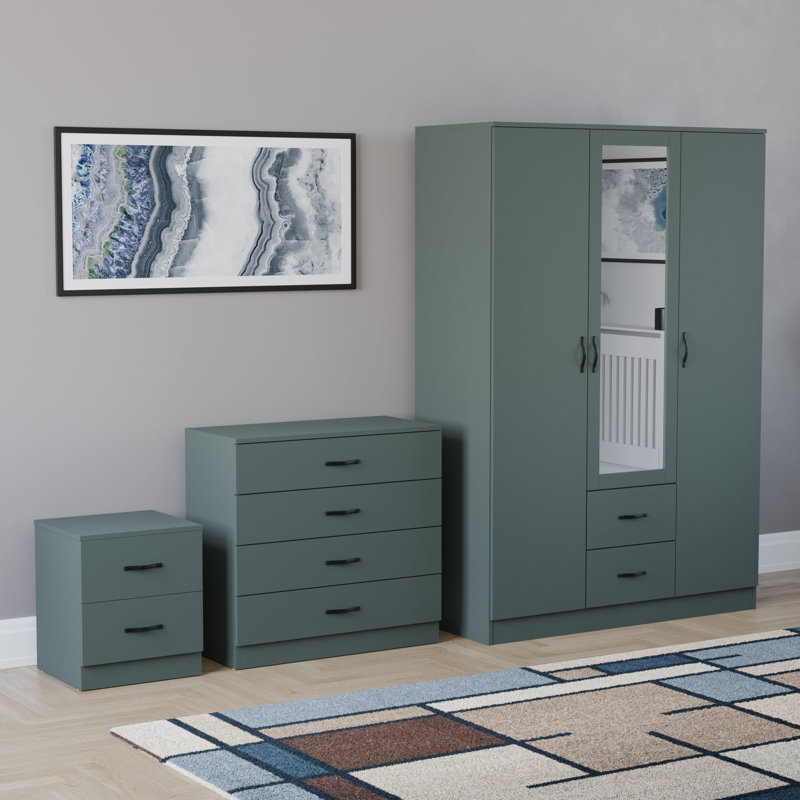 Maybery 3 Piece Bedroom Set (2 Drawer Bedside Chest, 4 Drawer Chest, 3 Door 2 Drawer Mirrored Wardrobe), (5), Green
