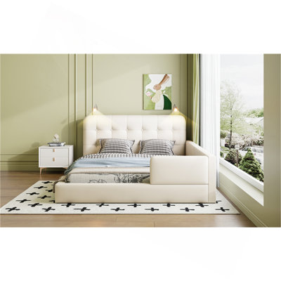 Grand lit plateforme tapissier avec 2 lampes de lecture, blanc