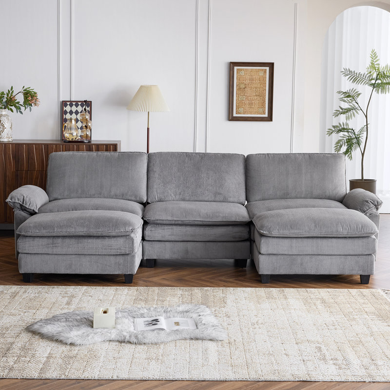 Shugar 120'' W Double Layer U-shaped Cushion Cloud Comfy Couch, Gray Corduroy