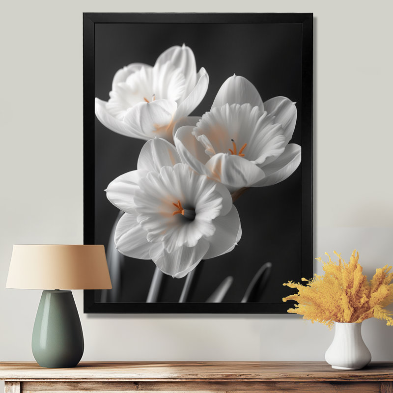 Monochromes blancs jaunes botaniques jonquilles II - jonquilles, impression d'art mural, H 24 po x l 32 po, Cadre simple noir