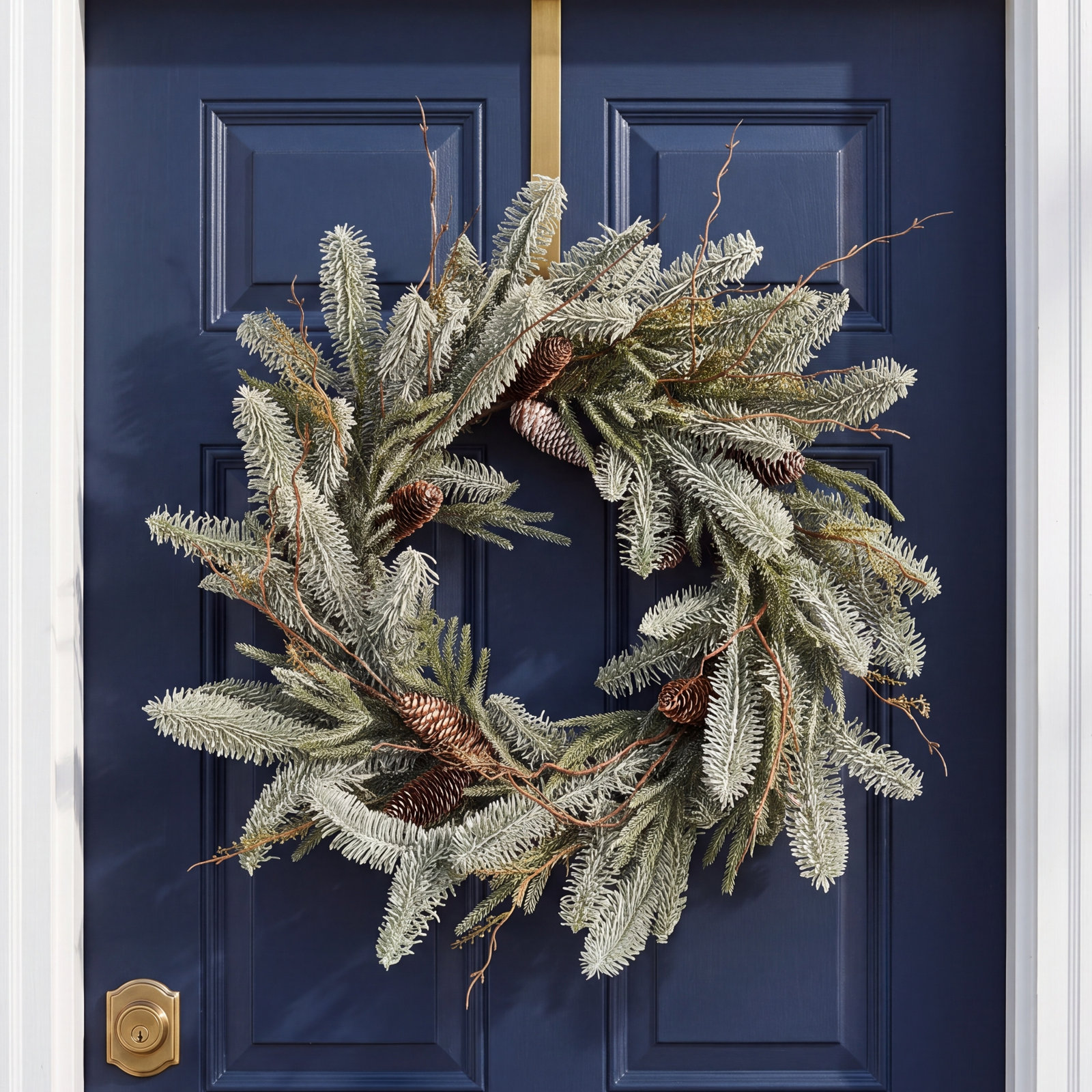 24" Artificial Real Touch Rustic Twig Frosted Pine Pinecone Winter Wreath For Front Door Christmas Day Fecor