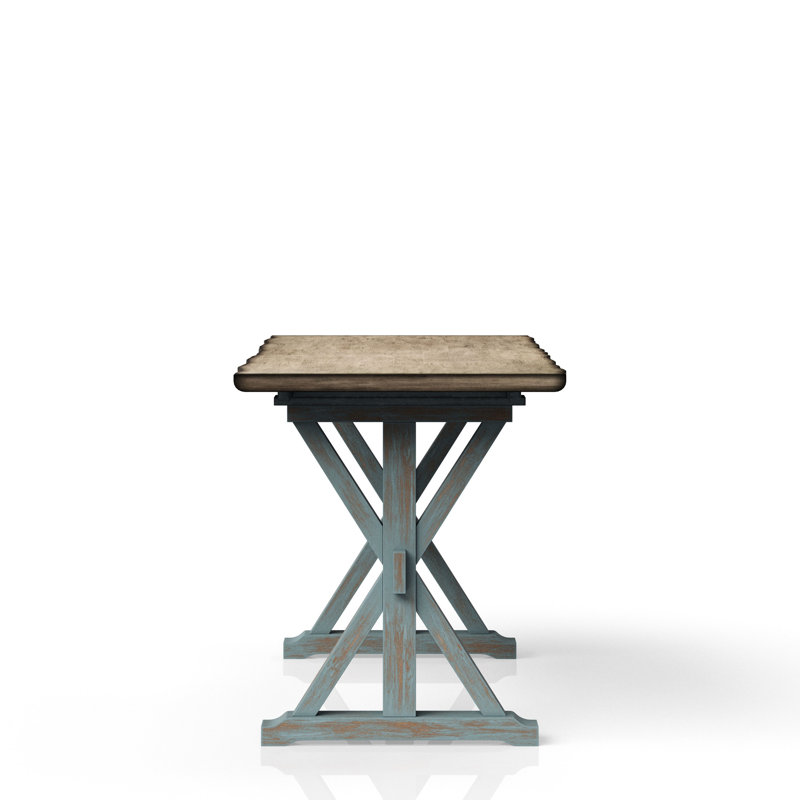Table bleue à hauteur de comptoir avec base en X, en bois massif et base pour les dîners décontractés,