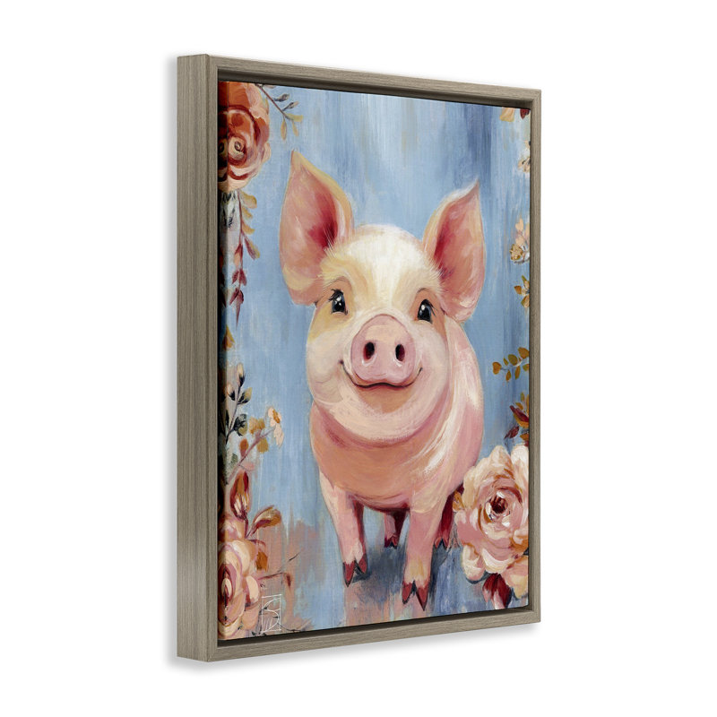 Cadre flottant souriant cochon et fleurs, design par Sara Culpepper, H 31 po x l 25 po, Cadre flottant orme Montalcino