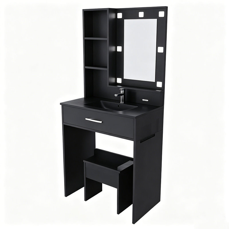 Coiffeuse Uwant avec lumières DEL réglables et miroir, petit bureau de maquillage avec prise de courant et support pour sèche-cheveux, coiffeuse compacte avec tabouret pour la chambre à coucher