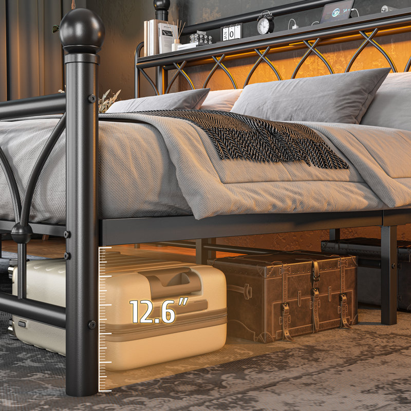 54"H Metal Bed Frame With Storage Headboard, Led Light And Power Outlets, King , Black