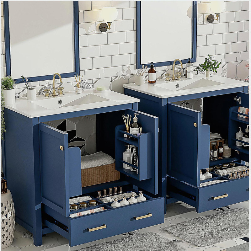 Ensemble de coiffeuse de 60 pouces, avec coiffeuse double (séparée), lavabos doubles en céramique, tablette de rangement, tiroirs divisés, sans miroir - une solution de salle de bain moderne pour les salles de bain spacieuses