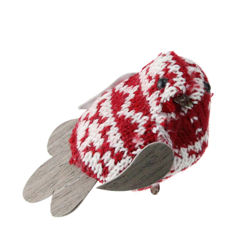 Pince à oiseaux en tricot rouge et blanche sur ornement de Noël, H 2 po x l 1,75 po x P 3,25 po