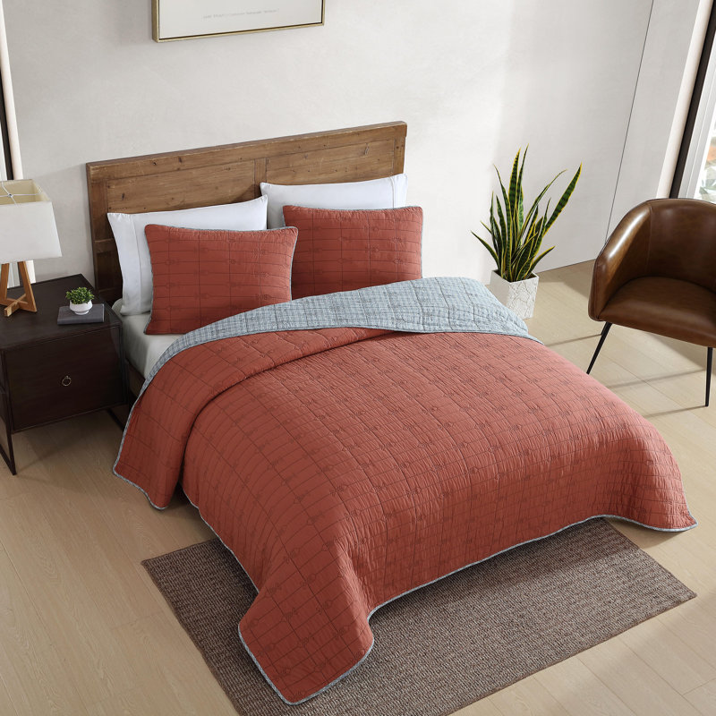 Gray and Orange Reversible Cotton Full Quilt Set
