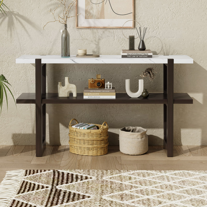 Console étroite avec plateau en marbre et tablette ouverte pour le vestibule, Espresso