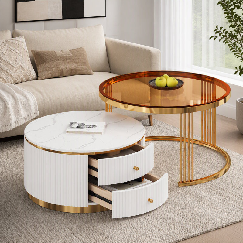 Table basse gigogne ronde moderne en 2 pièces avec tiroirs, 27,6 po, Brun / or