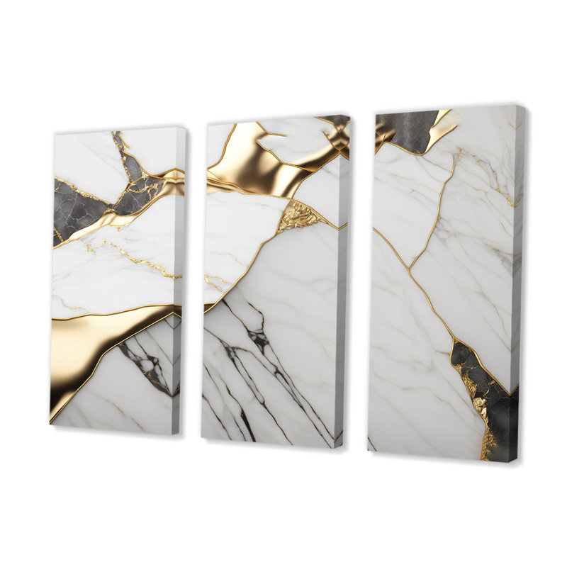 «Abstract Geode Marble White and Gold I», reproduction sur toile 3 pièces, Toile tendue, H 28 po x l 36 po x P 1 po