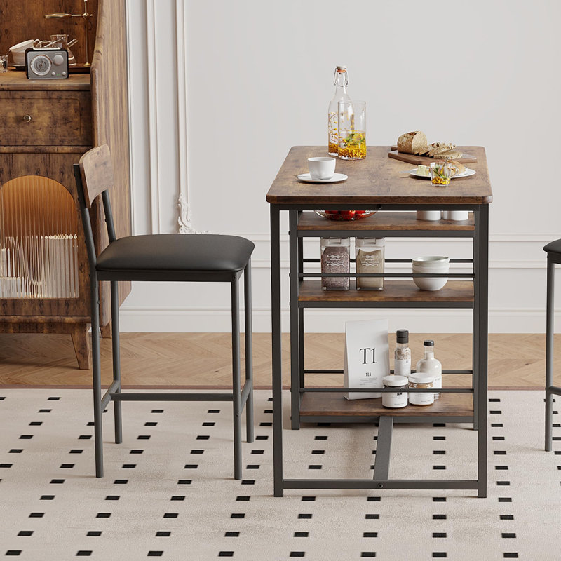 Dining Table Set For 2, Bar Table And Chairs Set With 3 Storage Shelves, Brown