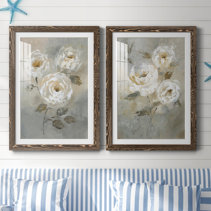 «Soft and Bold I», ensemble de 2 reproductions d'art, Blanc, H 44 po x l 31 po x P 1 po, Papier avec cadre noyer
