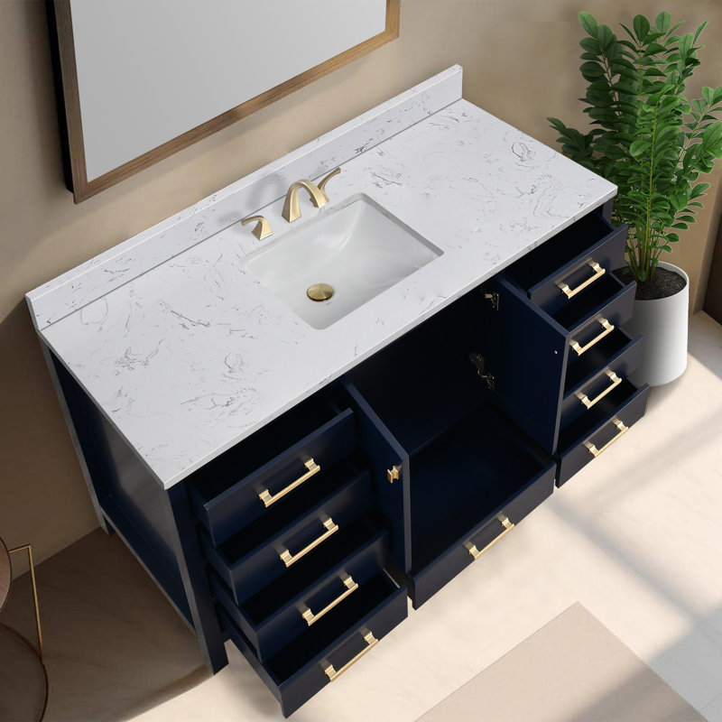 Tiberiu 60'' Single Bathroom Vanity with Engineered Marble Top, Blue