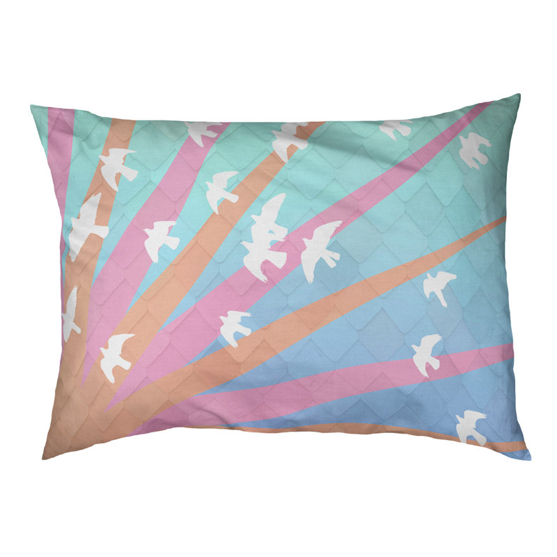 Coussin stylisés d’oiseaux et de soleil Burien, L 19,5 po x l 29,5 po, Rose / Bleu / Noir