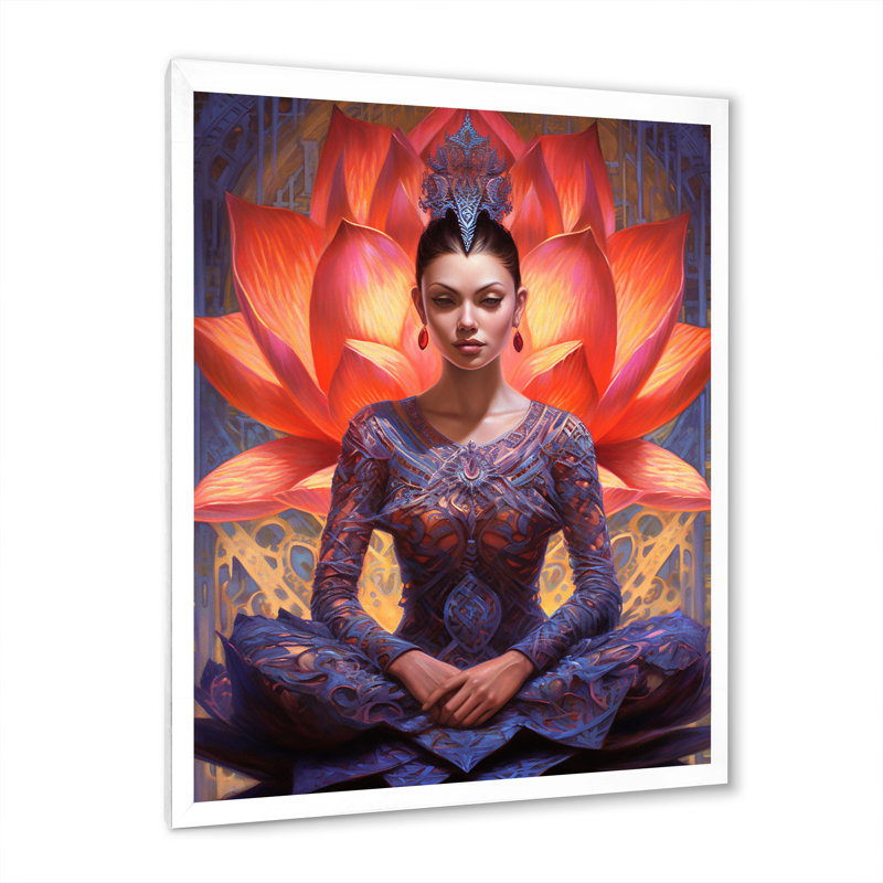 Femme mauve, rouge et yoga sur toile, Cadre simple blanc, H 40 po x l 30 po x P 1,5 po
