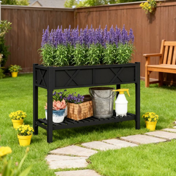Dual-Tier Elevated Wood Planter Box,Raised Garden Bed,With Storage Shelf,Drainage Holes,And Liner, Black