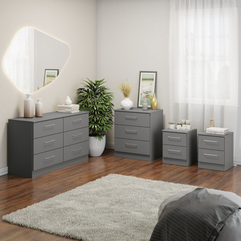 Ensemble de chambre à coucher avec commode, commode et 2 tables de chevet 4 pièces Foster, Gris