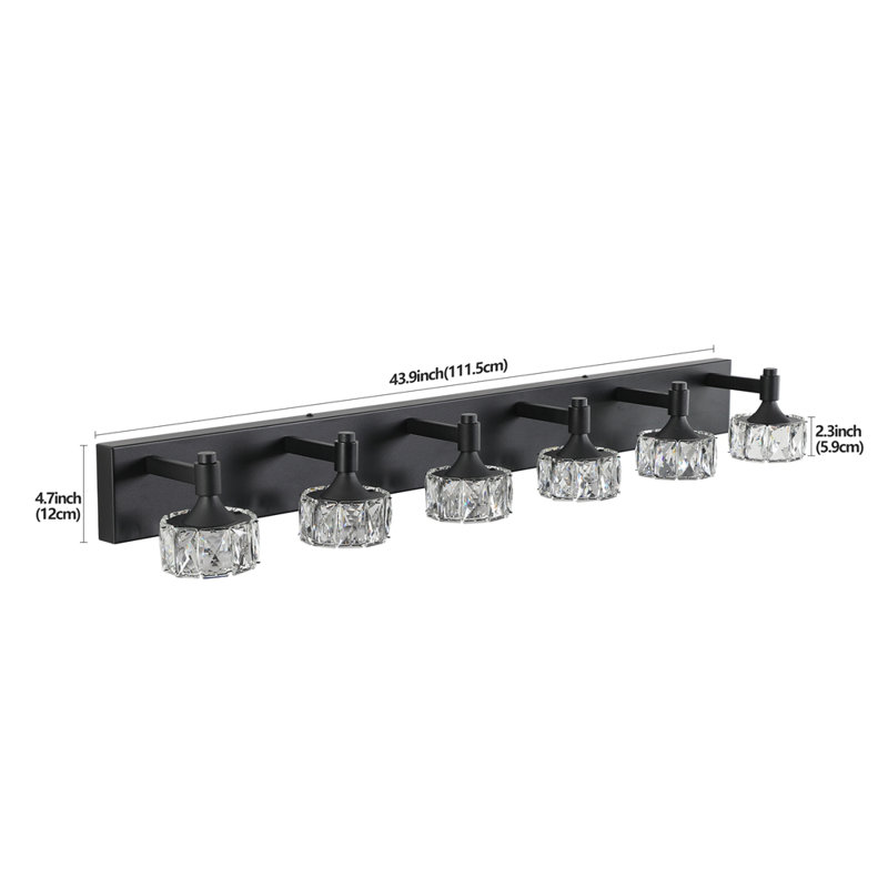 Modern 6-Light Matte Black LED Vanity Light Fixture with Crystal Glass Shades, Bathroom Wall Sconce for Elegant and Contemporary Home Decor