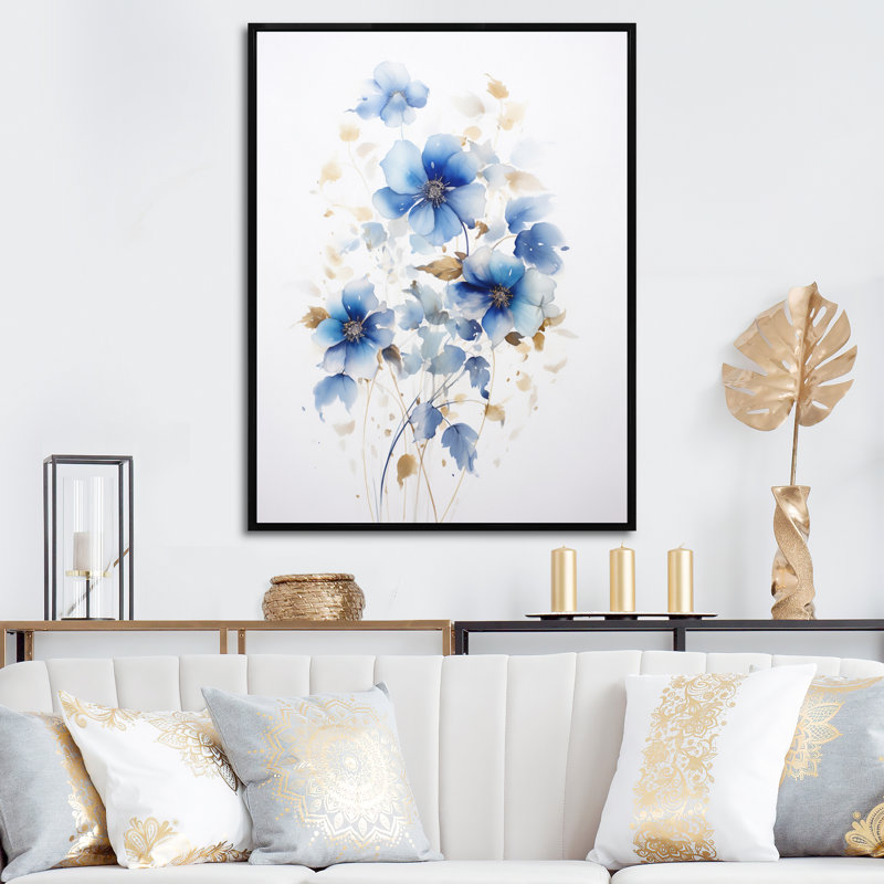«Delicate Blue Ginko Leaves on White Watercolor I», reproduction sur toile, H 32 po x l 16 po x P 1 po, Cadre flottant noir