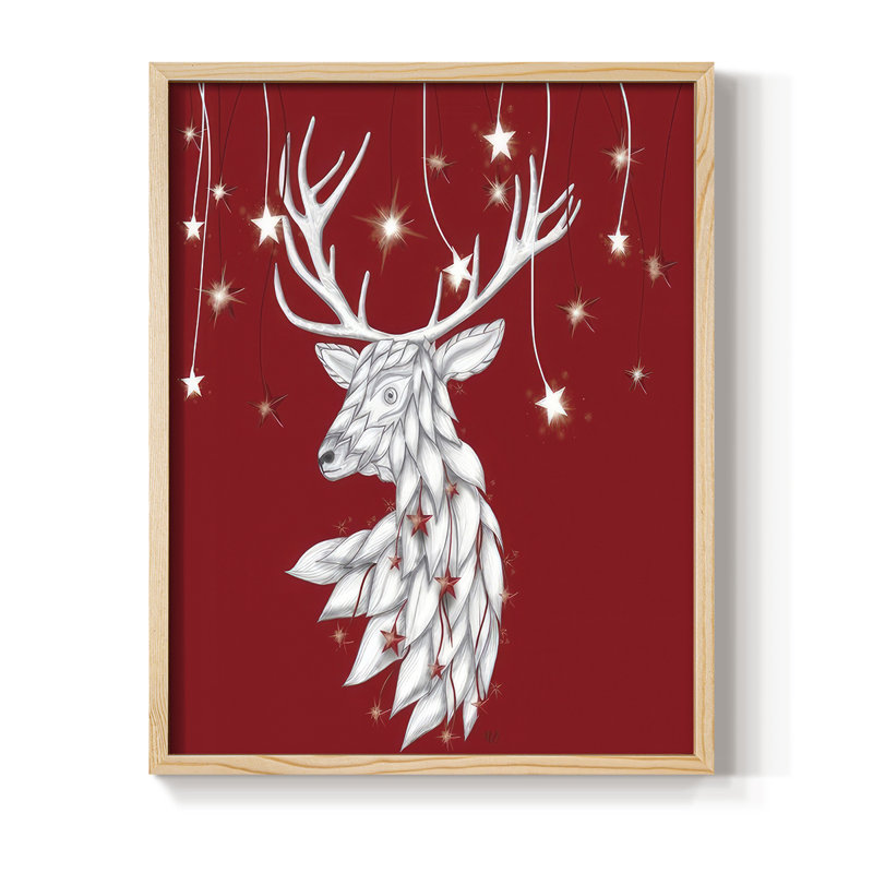 Cerf blanc et étoiles suspendues, reproduction encadrée - bois massif, Naturel, H 21 po x l 17 po