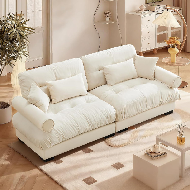 Causeuse en velours 93,7 po de large avec accoudoirs rembourrés et 2 coussins décoratifs en velours 93,7 po, Crème, crème