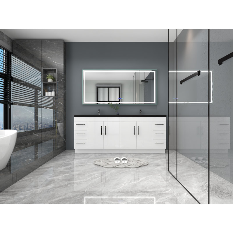 Ensemble de meuble-lavabo double 84 po Campney, Blanc ultrabrillant, Noir mat