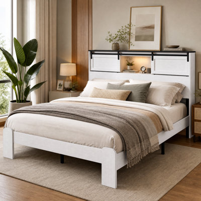 Queen Farmhouse White Platform Bed with Charging Station, LED Lights & Barn Door Storage