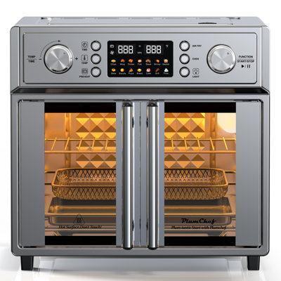 PlumChef 26QT Large Capacity French Double-Door Air Fryer Convection Toaster Oven, 1700W, 14 Preset Menus, 7-in-1 Multi-Function (Bake, Roast, Gril,Toast,Dehydrate&Defrost), Stainless Steel,silvery