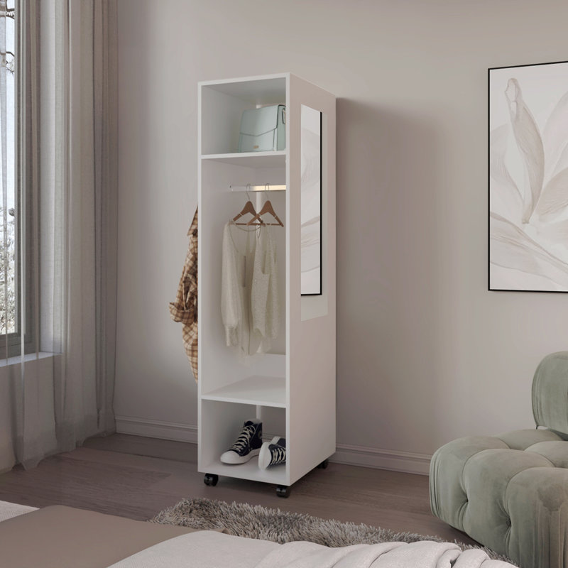 Armoire H 63 po, avec 3 tablettes, 1 miroir et 4 roulettes, Blanc