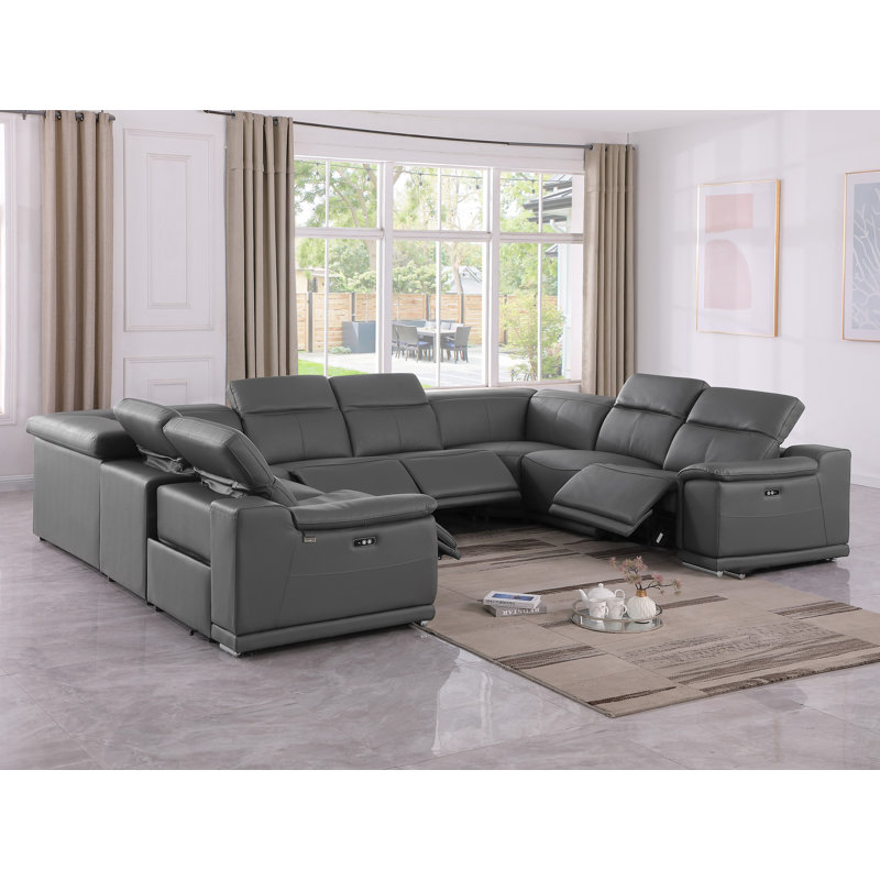 Jignesh 8 Piece 4 Power Recliner Top Grain Italian Leather Sectional, Jignesh Dark Gray Genuine Leather