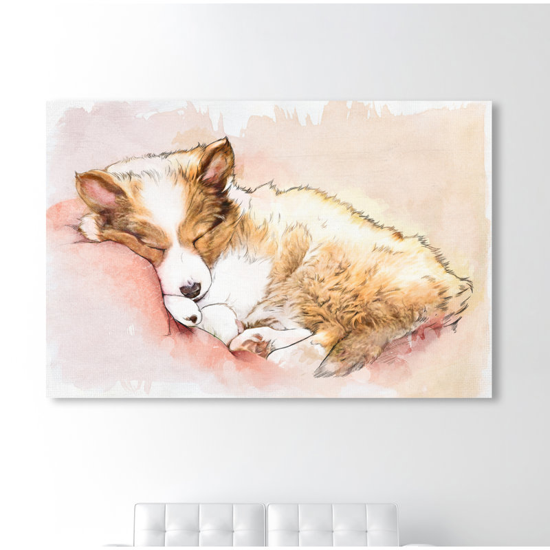 « sleep pup », reproduction de peinture à l’aquarelle, H 36 po x l 54 po x P 1,5 po, Toile tendue