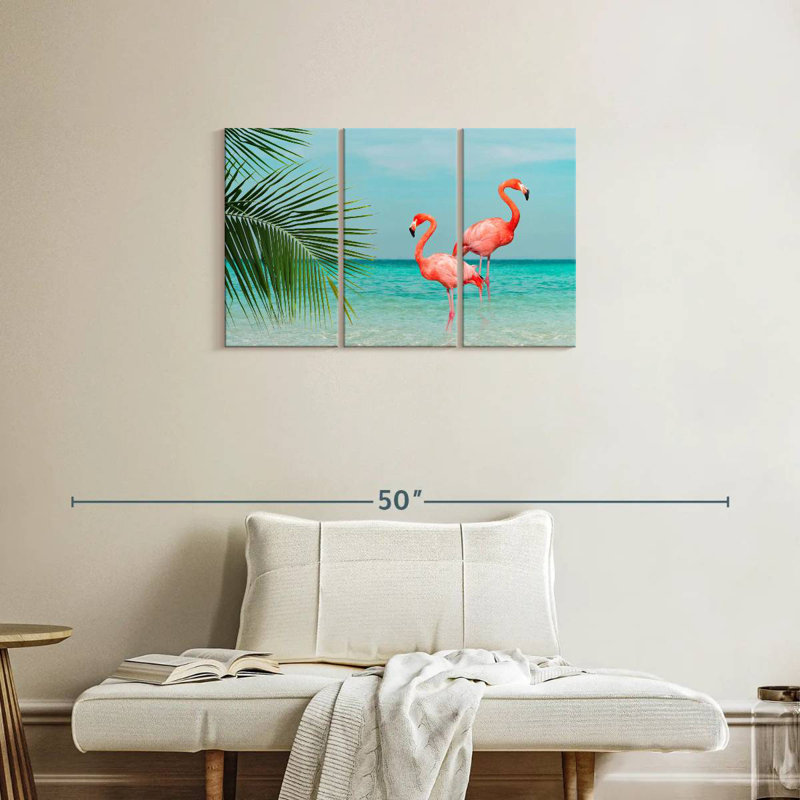 Flamants roses et feuilles de noix de coco, H 20 po x l 33 po