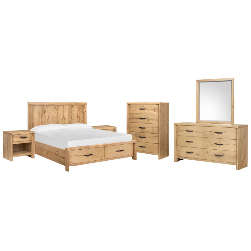 Commode double à 2 tiroirs avec miroir de paysage et commode Hagi, 6 Pcs:Bed,2Nightstand,Dresser,Mirror,Drawer Chest, Grand