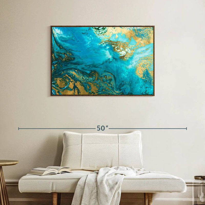 Texture bleue et dorée Phung, 37 po x 25 po, Cadre flottant noyer