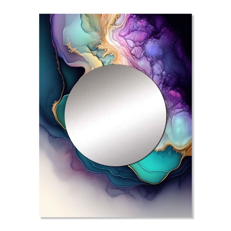 «Khaleda», mauve et bleu abstrait Geode II - miroir mural en marbre, miroir décoratif bleu, impression d'art en métal