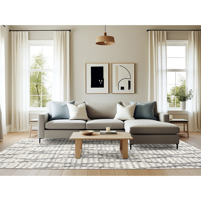 Tapis contemporain ivoire / gris, Rectangle 6 pi x 9 pi