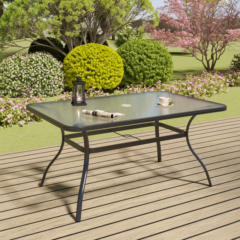 Square&Rectangular Tempered Glass Metal Patio Table With Umbrella Hole, 28" H x 60" W x 38" D