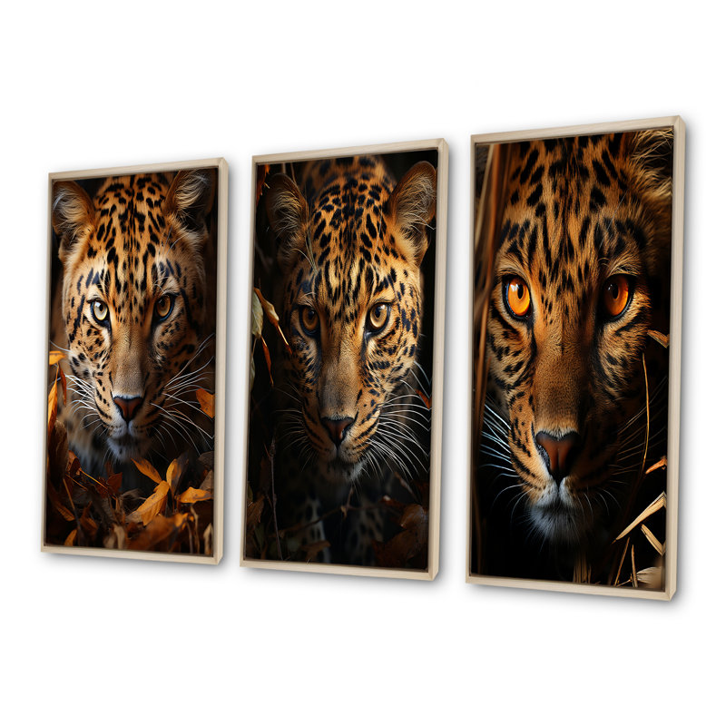 Leopard Golden Stalker Portrait Gaze - ensemble de 3 reproductions d'art sur toile léopard, Cadre flottant brun