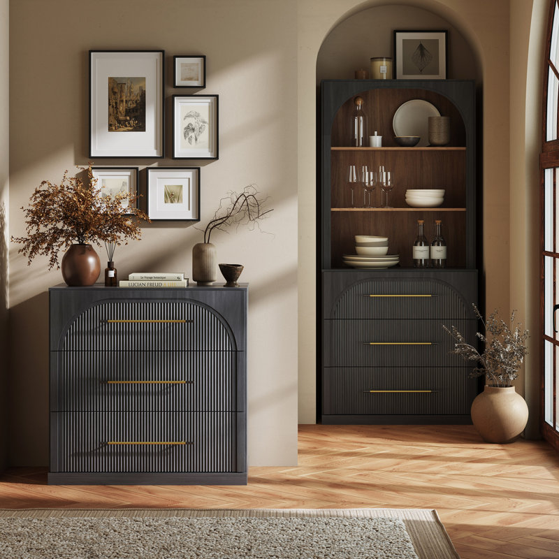 Set of 3 Fluted Modular Sideboard Cabinet with 3 Drawers, Ebony, Ebony