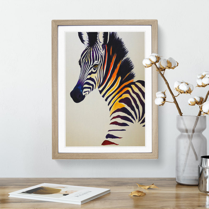 Colourful Zebra - Single Picture Frame Print, 34cm H x 25cm W x 2cm D, Oak