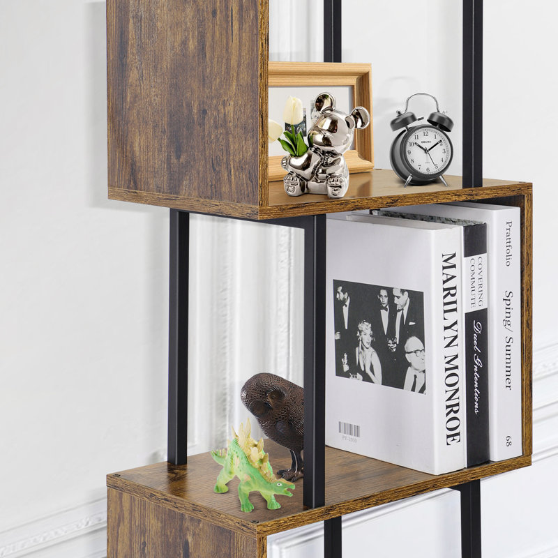 Codrina 59" Bookcases with LED Light and Remote Control, 3 Colour Temperature Column Floor Lamp, Rustic Brown/Black