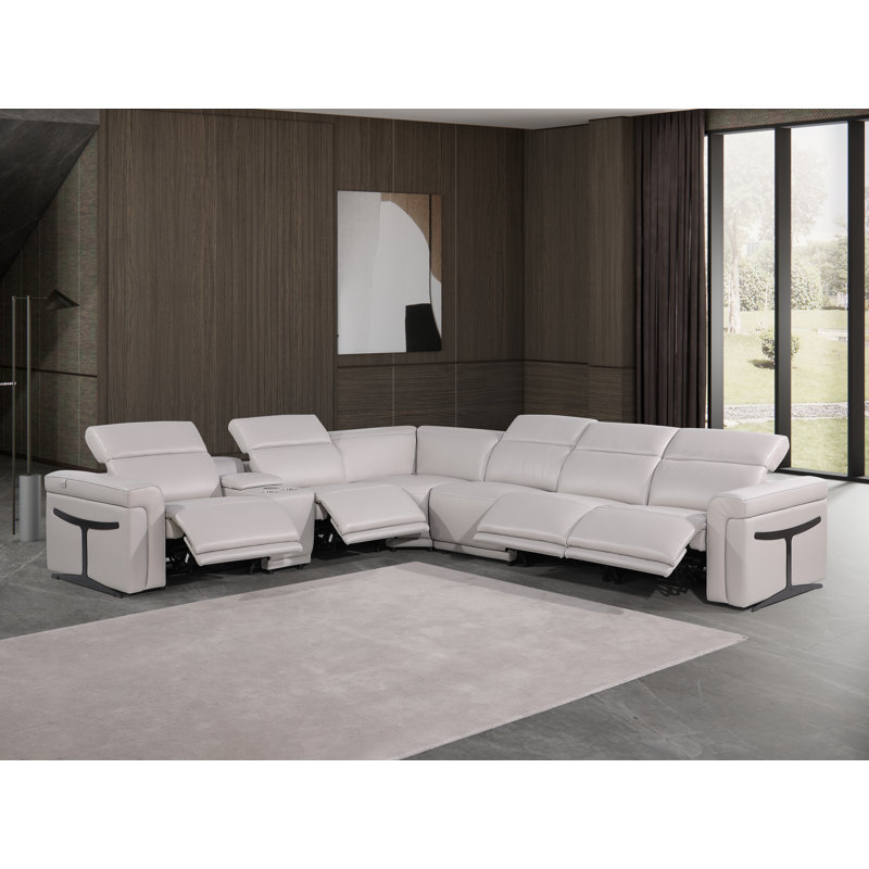 Suhur 7 - Piece Top Grain Italian Leather Reclining Sectional, Light Gray Genuine Leather