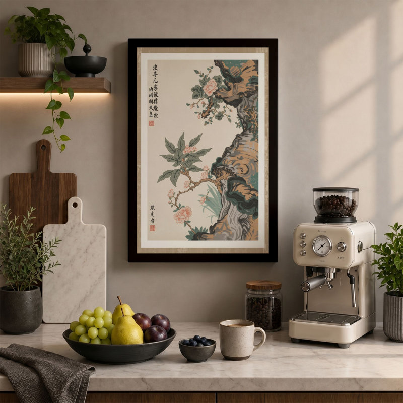 Branches in Bloom Japandi - Wrapped Canvas, 36x24 - 91.4 x 61.0 cm, Ochre Border
