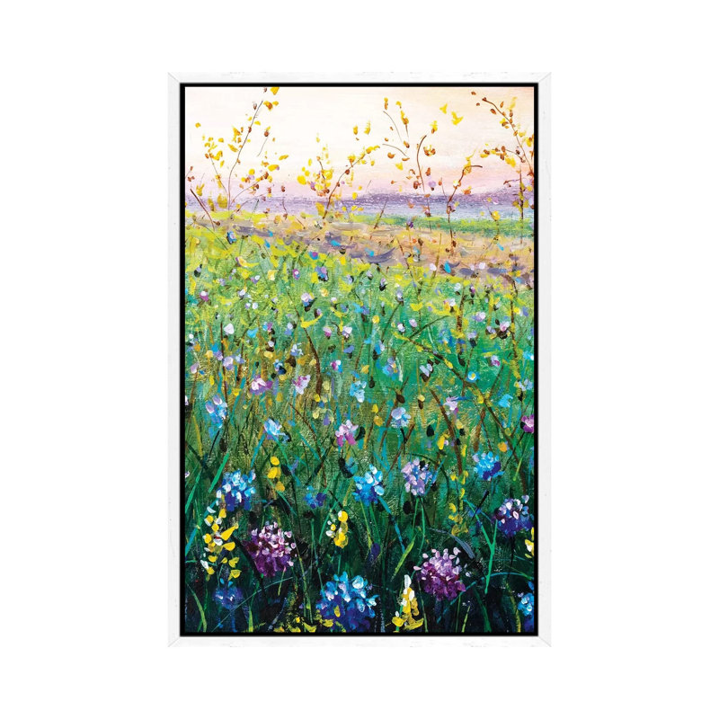 Beautiful Flower Wildflowers Landscape Art by Valery Rybakow - Painting on Canvas, White Framed, 101.6 cm H x 66.04 cm W