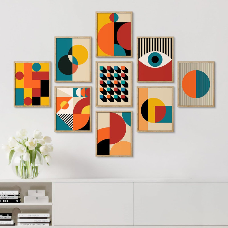 Affiche géométrique colorée de formes abstraites Mid Century Modern Wall Art, décor minimaliste encadré sur papier, 9 pièces