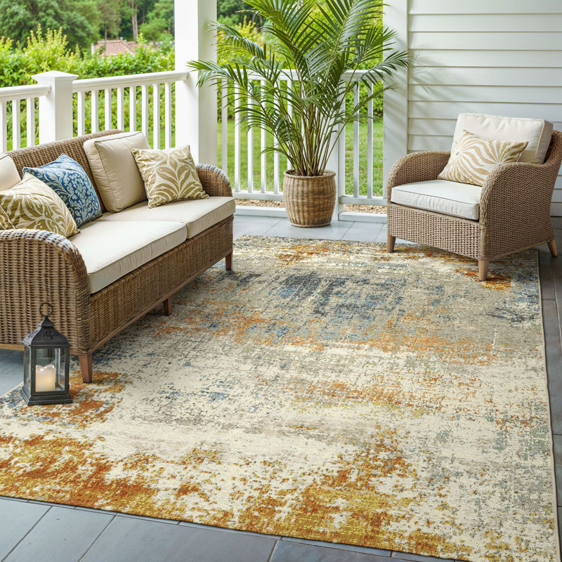 Arjay Distressed Elements Abstract Beige/ Orange Indoor-Outdoor Rug, Rectangle 9'10" x 12'10"