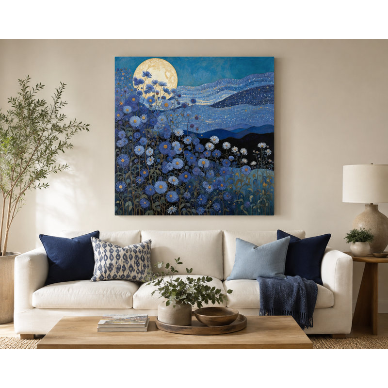 «Moonlit Blue Wildflower Landscape», art mural sur toile tendue, H 40 po x l 40 po