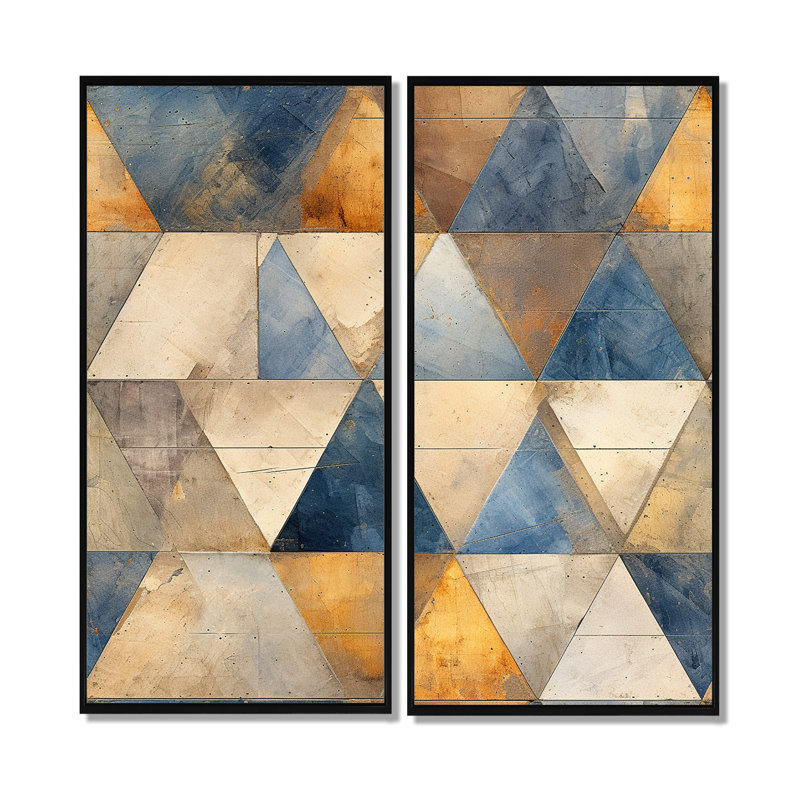 Mosaïque de triangles beiges et bleus - art mural moderne 2 pièces, H 32 po x l 32 po, Impression encadrée flottante, Noir