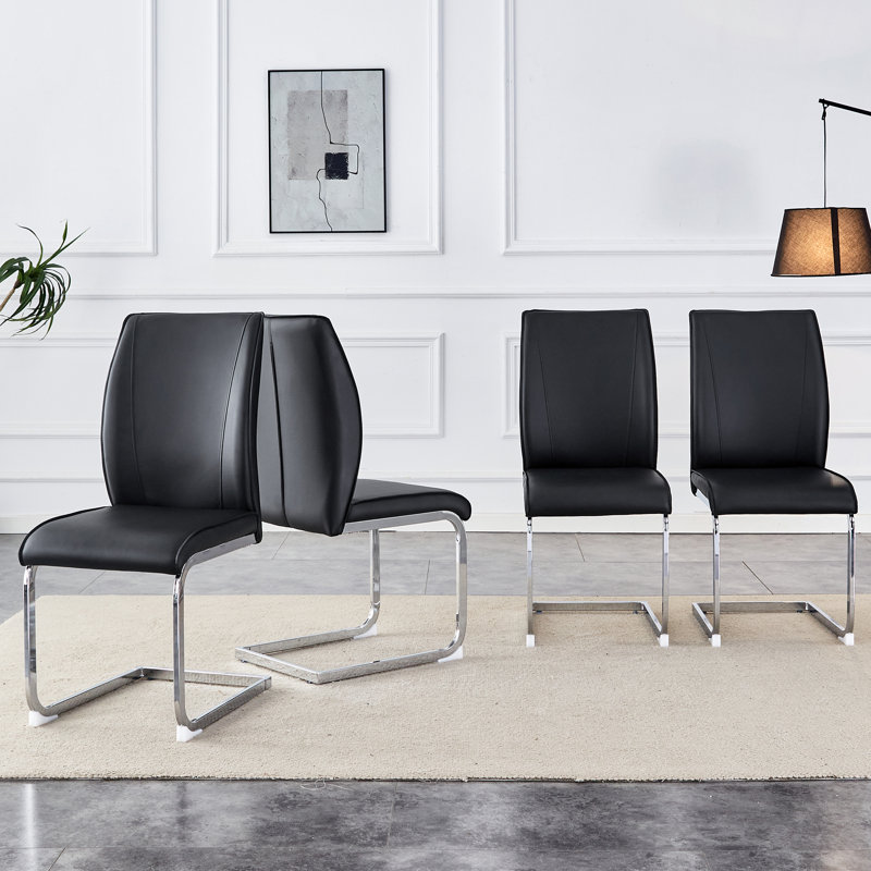  Chaises de salle à manger arquées avec revêtement en polyuréthane noir et pieds en métal argenté, ensemble à haute résistance de 4